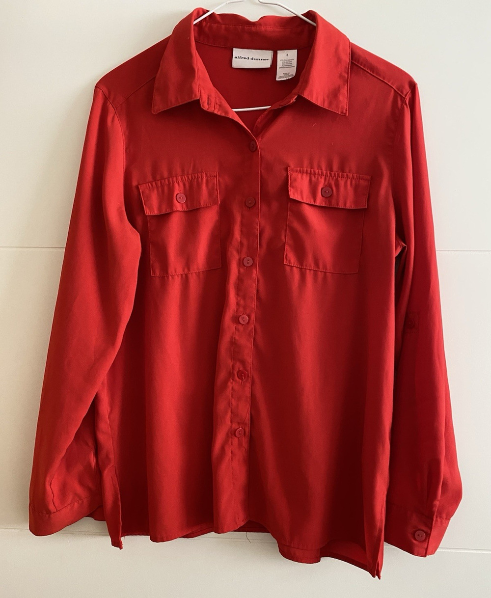 Alfred Dunner Red Silky Blouse Womens Size 8 Office Business Corporate Button Up